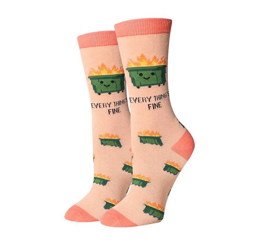 "Everything's Fine, Dumpster Fire (Light Pink) Women's Crew Socks"