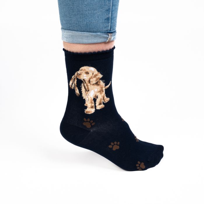 "Hopeful, Yellow Labrador (Navy Blue) Women's Bamboo Crew Socks"