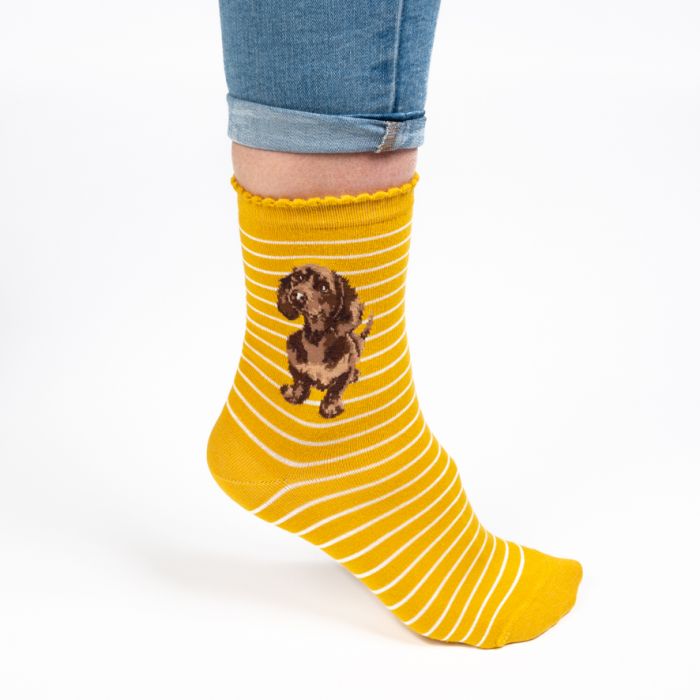 "Little One, Dachshund  (Mustard Yellow) Women's Bamboo Crew Socks"